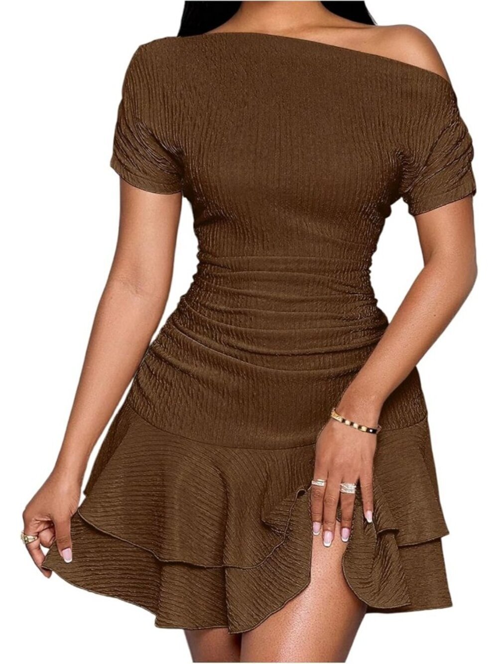 Women's Brown Shoulder Short Sleeve Ruffle Cute Fit Flare Summer Mini Dress